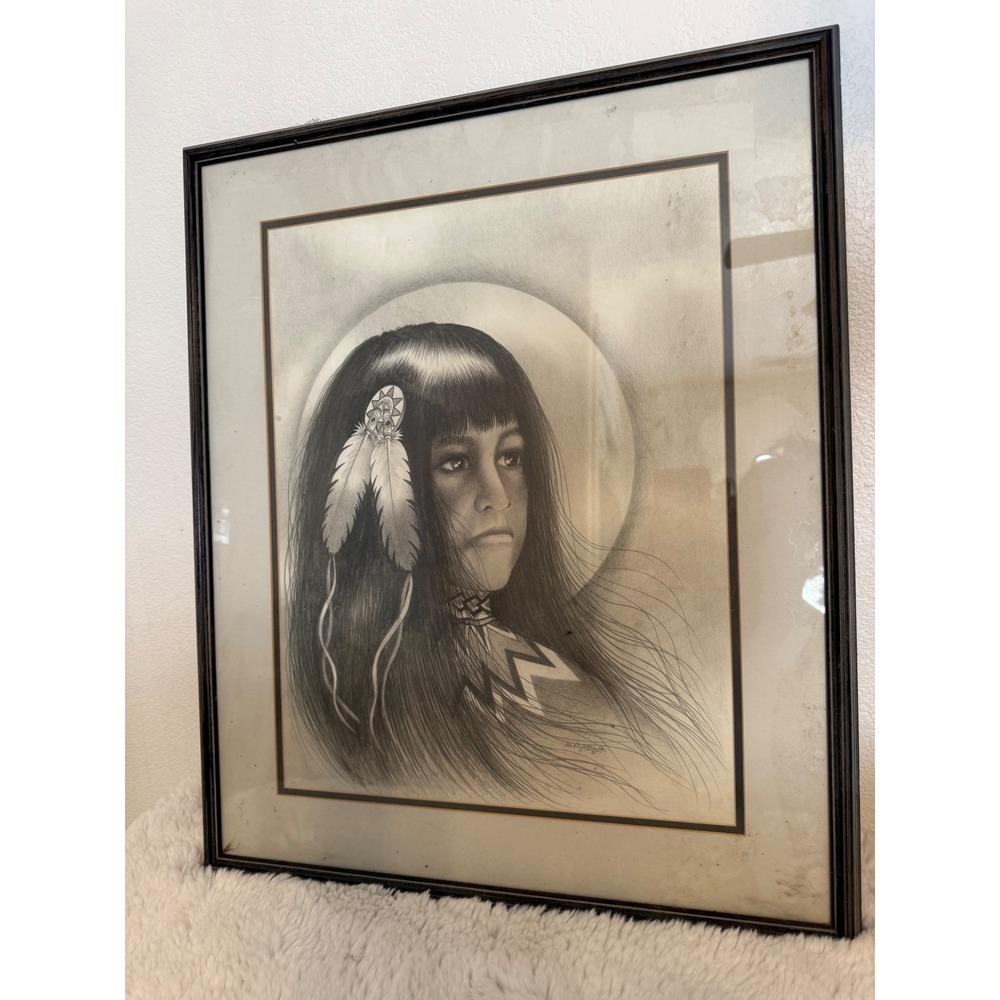 Native American Girl Framed Art Print SL Nighthawk Signed Vintage 1993